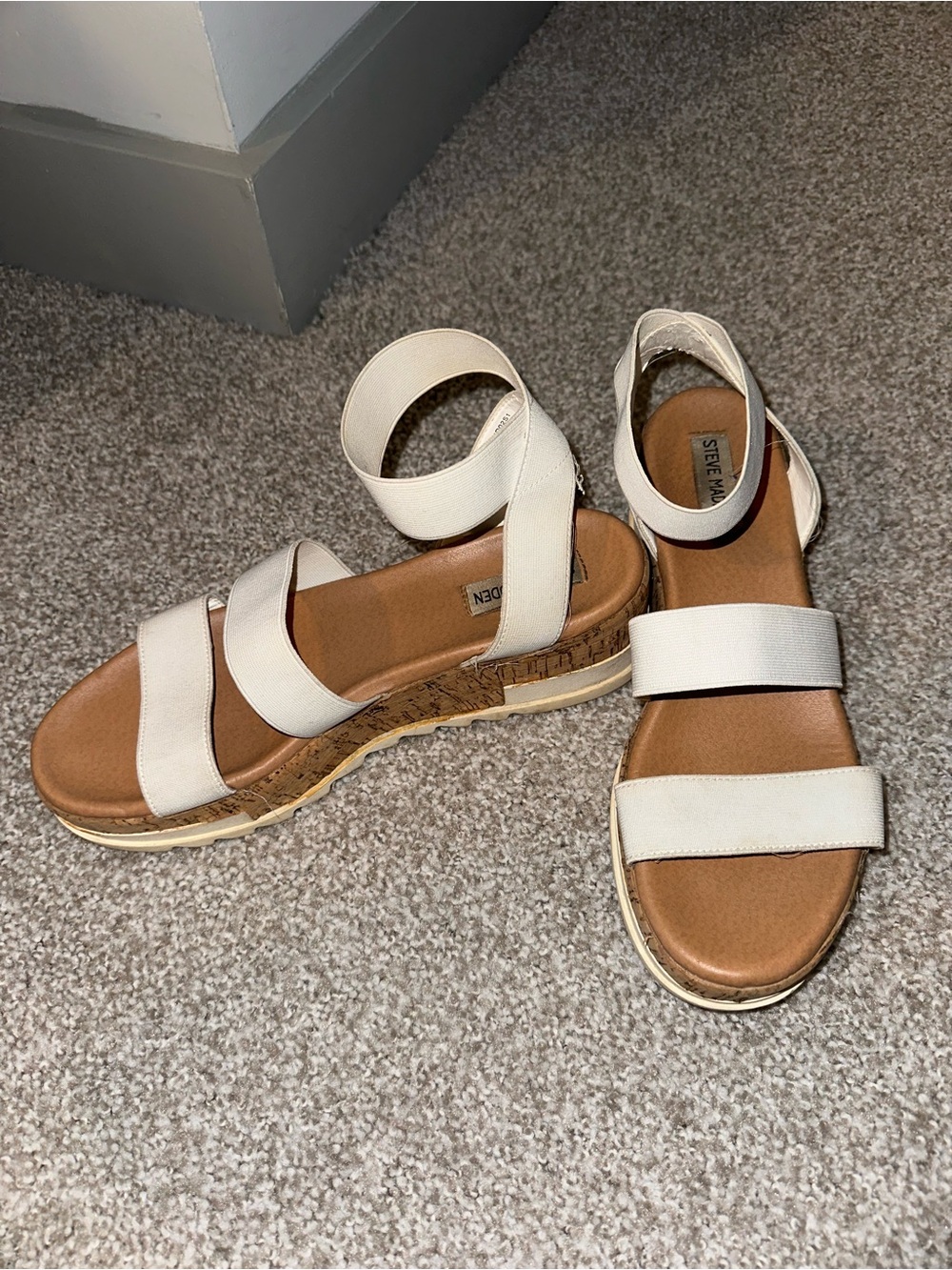 Steve Madden Cream Strappy Cork-Platform Sandals
